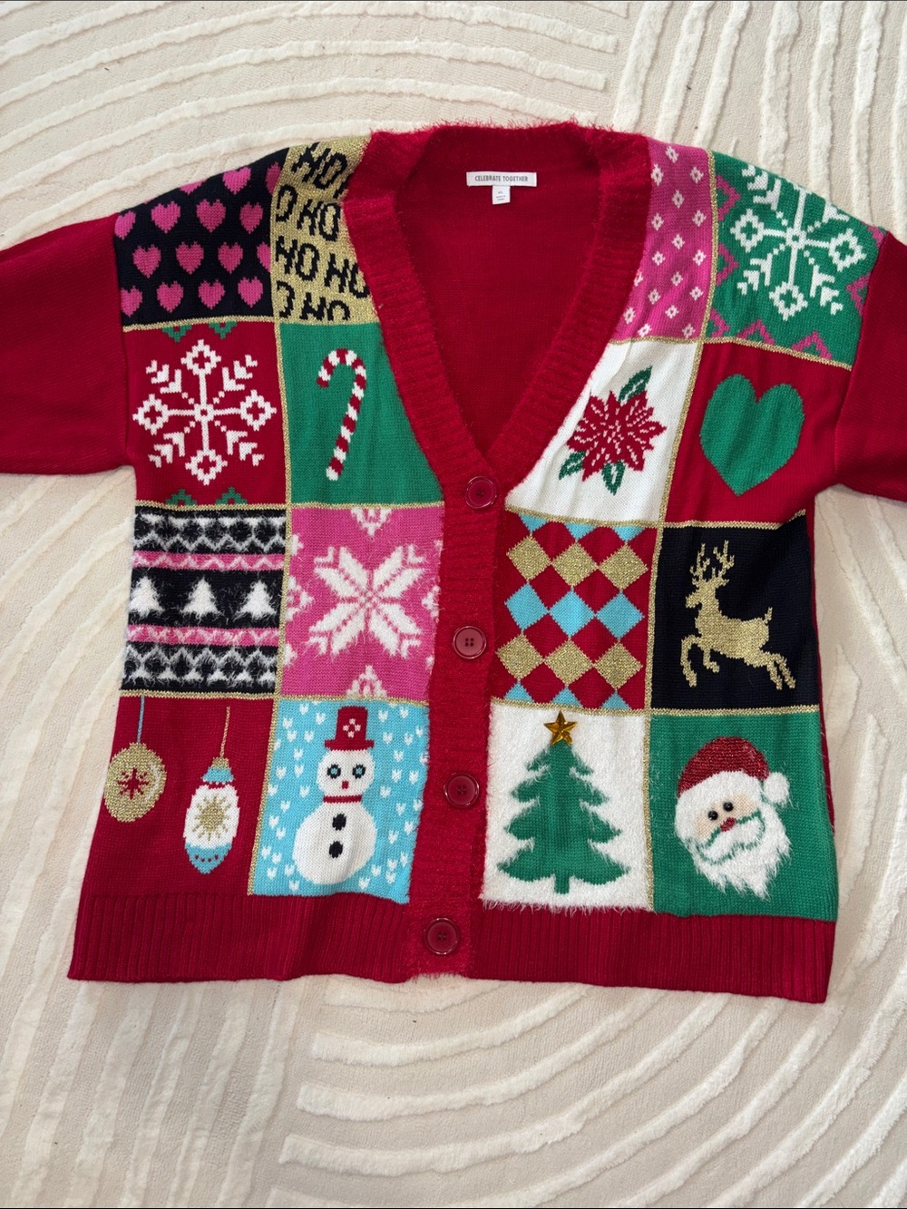 Red Holiday Patchwork Cardigan Sweater with Festive Motifs